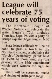 Northfield News September 21, 1994: League will celebrate 75 years of voting
